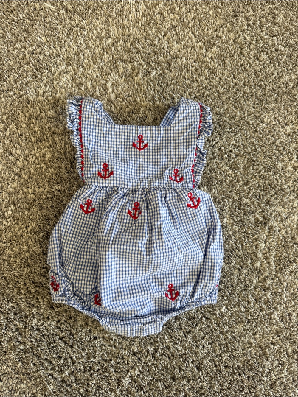 Blue Gingham Baby Girl One-Piece with Red Anchor Details